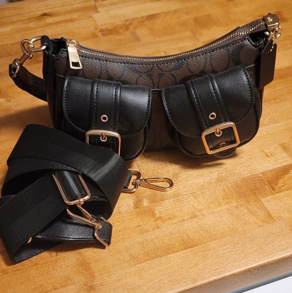 Black and Brown Coach coated canvas crossbody Bag